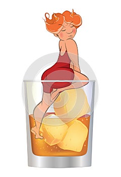Illustration of a Cute Girl and whiskey. Cartoon