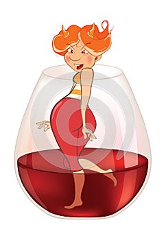 Illustration of a Cute Girl and Wine. Cartoon