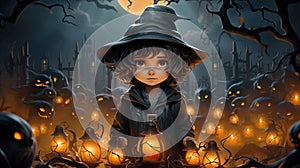 An illustration of a cute and happy little witch on halloween night among candles and ghosts. Generative AI