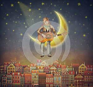 Illustration of cute houses with a man that plays on the guitar