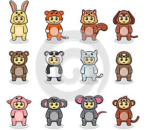 Illustration of cute kids with cute animal costume set