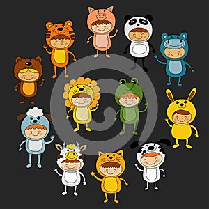 Illustration of cute kids wearing animal costumes