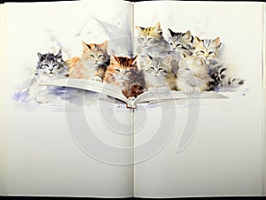 Illustration of cute kittens lying on an open book