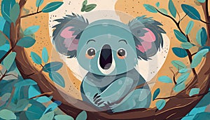 Illustration of cute koala and nature. Wild animal. Modern art