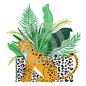 Illustration with cute leopard and tropical plants. Fashion exotic jungle drawing for t-shirts and poster prints.