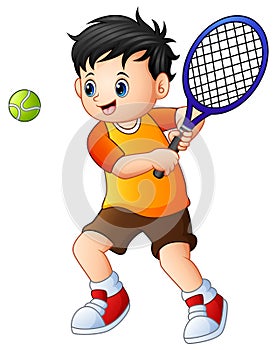Cute little boy playing tennis on a white background