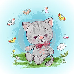 Illustration of a cute little cat with flowers