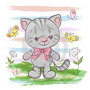Illustration of a cute little cat with flowers and butterflies. Print for clothes or children room