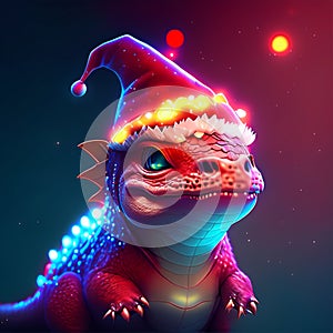 Illustration of a cute little dragon in a Santa Claus hat. AI generated