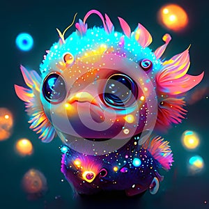 Illustration of a cute little fish on a dark background with lights Generative AI