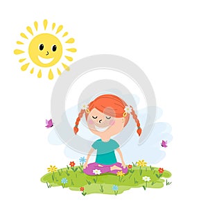 Illustration of a cute little girl doing yoga outdoors,cartoon design