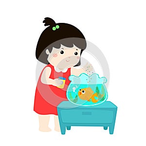 Illustration of cute little girl feeding fish in aquarium cartoon.