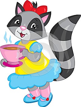 Illustration of a cute little girl raccoon, dressed beautifully, drinking tea, in color, perfect for children`s book