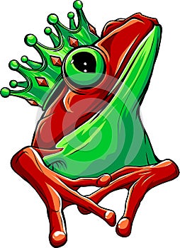 Illustration of a cute little happy frog prince with a crown isolated on white background. vector digital hand draw