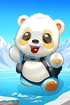 Illustration of a cute little panda sitting on a melting glacier.