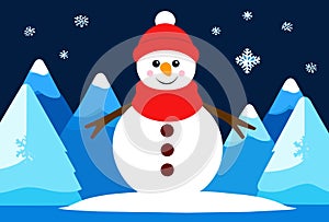 Illustration of cute little snowman standing on snowy background