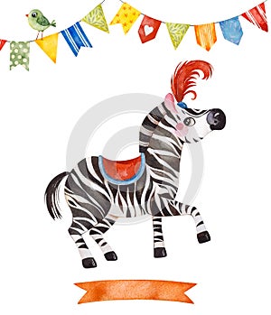 Illustration with cute little zebra,bird,ribbon and multicolored garlands
