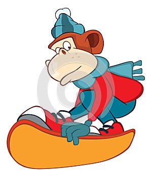Illustration of a Cute Monkey Snowboarding. Cartoon Character