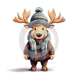 Illustration of a cute moose wearing a knitted hat, scarf and jacket on a white background.