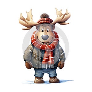 Illustration of a cute moose wearing a knitted hat, scarf and jacket on a white background.