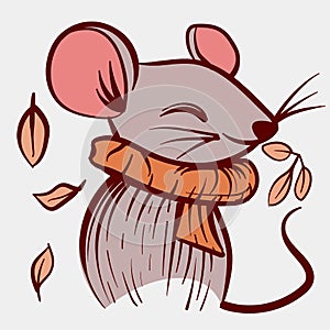 Illustration of a cute mouse with a scarf and leaves around it. Vector of a small mouse with autumn vibes.