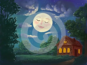 Illustration of cute night landscape. Smiling moon against the background of the night sky, trees and a house with yellow windows