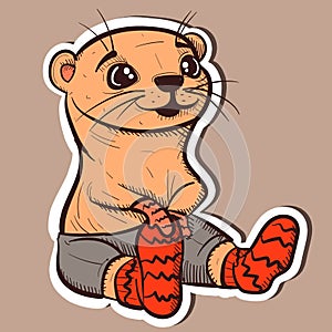 Illustration of a cute otter wearing pants, gloves and woolen socks. Vector of an animal wearing warm clothes