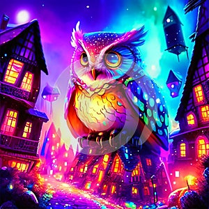 illustration of a cute owl in front of a haunted house in the night generative AI
