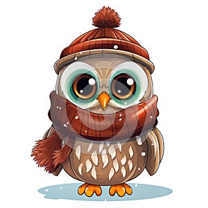 Illustration of a cute owl sitting in a knitted hat and scarf on a white background