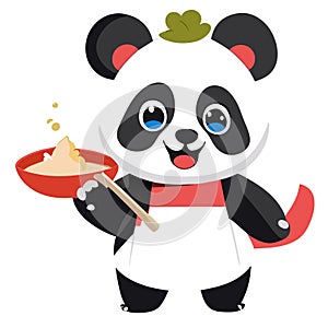 Illustration of a cute panda mascot with a bowl of rice Generative AI