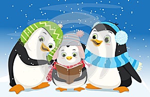 Illustration of Cute Penguins Singing Christmas Carol