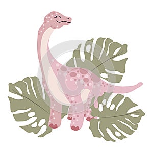 Illustration, cute pink dinosaur and tropical monstera leaves . Wall art, wallpaper, toddler bedroom decor.