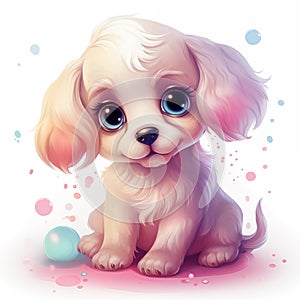 Illustration of cute playful fluffy puppy with big eyes in pink and beige pastel colours, charming pet art