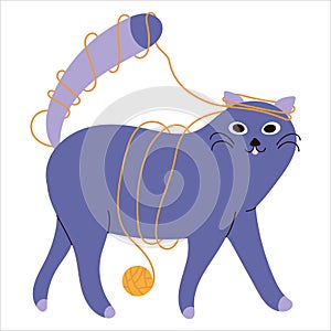 Illustration of a cute playful kitten got tangled in a ball of threads
