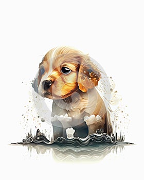 An Illustration of cute puppy in the water , Humanly enhanced AI Generated image