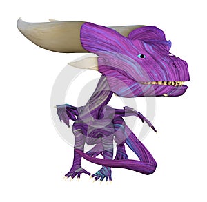 Illustration of a cute purple rainbow dragon with large horns standing while isolated on a white background