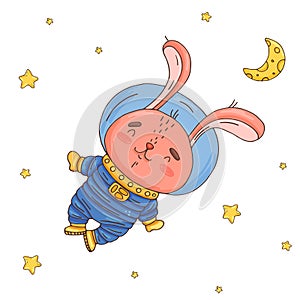 Illustration with cute rabbit cartoon astronaut in space