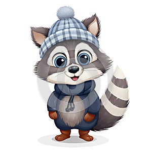 Illustration of a cute raccoon wearing a knitted hat, scarf and jacket on a white background.