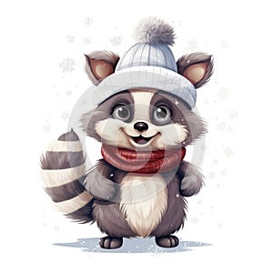 Illustration of a cute raccoon wearing a knitted hat, scarf and jacket on a white background.