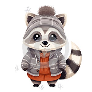 Illustration of a cute raccoon wearing a knitted hat, scarf and jacket on a white background.