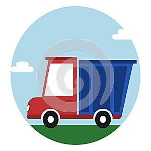 An illustration of a cute red dump truck with blue container.