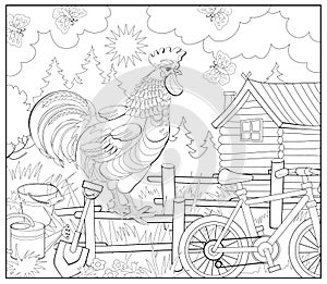 Illustration of cute rooster in the morning farm. Coloring book for children and adults. Image in zentangle style. Domestic