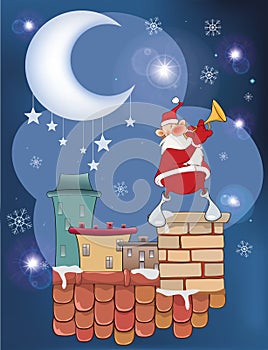 Illustration of the Cute Santa Claus Jazz Trumpet on the Roof