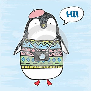 Illustration of cute sketch fat penguin in a sweater, beret, with camera and comics cloud with lettering hi!