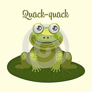 Illustration, cute smiling frog on a water lily leaf. Print, children's cartoon illustration, clip art