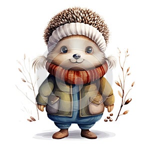 Illustration of a cute smiling hedgehog wearing a warm hat and scarf on a white background