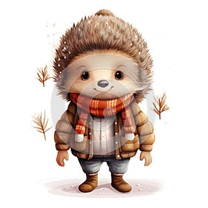 Illustration of a cute smiling hedgehog wearing a warm hat and scarf on a white background