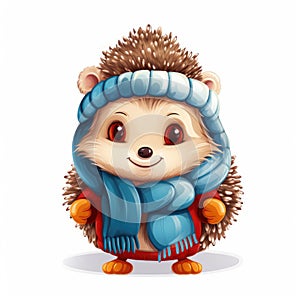 Illustration of a cute smiling hedgehog wearing a warm hat and scarf on a white background