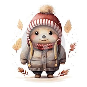 Illustration of a cute smiling hedgehog wearing a warm hat and scarf on a white background