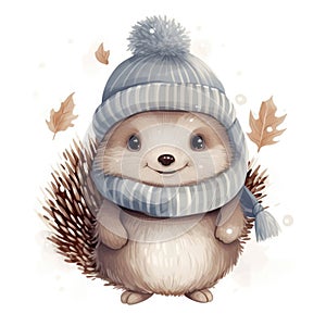 Illustration of a cute smiling hedgehog wearing a warm hat and scarf on a white background